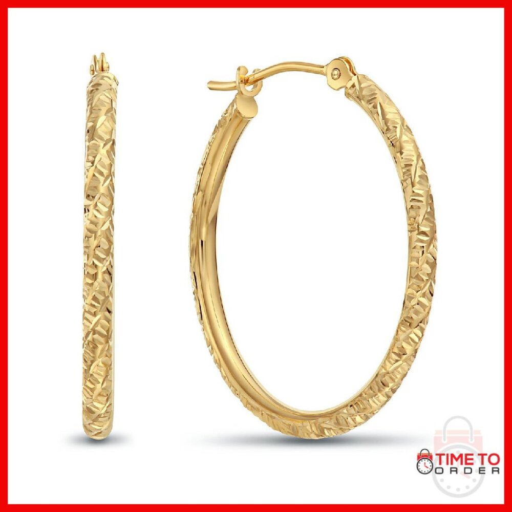 14k Gold Hand Engraved Diamond-Cut Hoop Earrings 1" Diameter